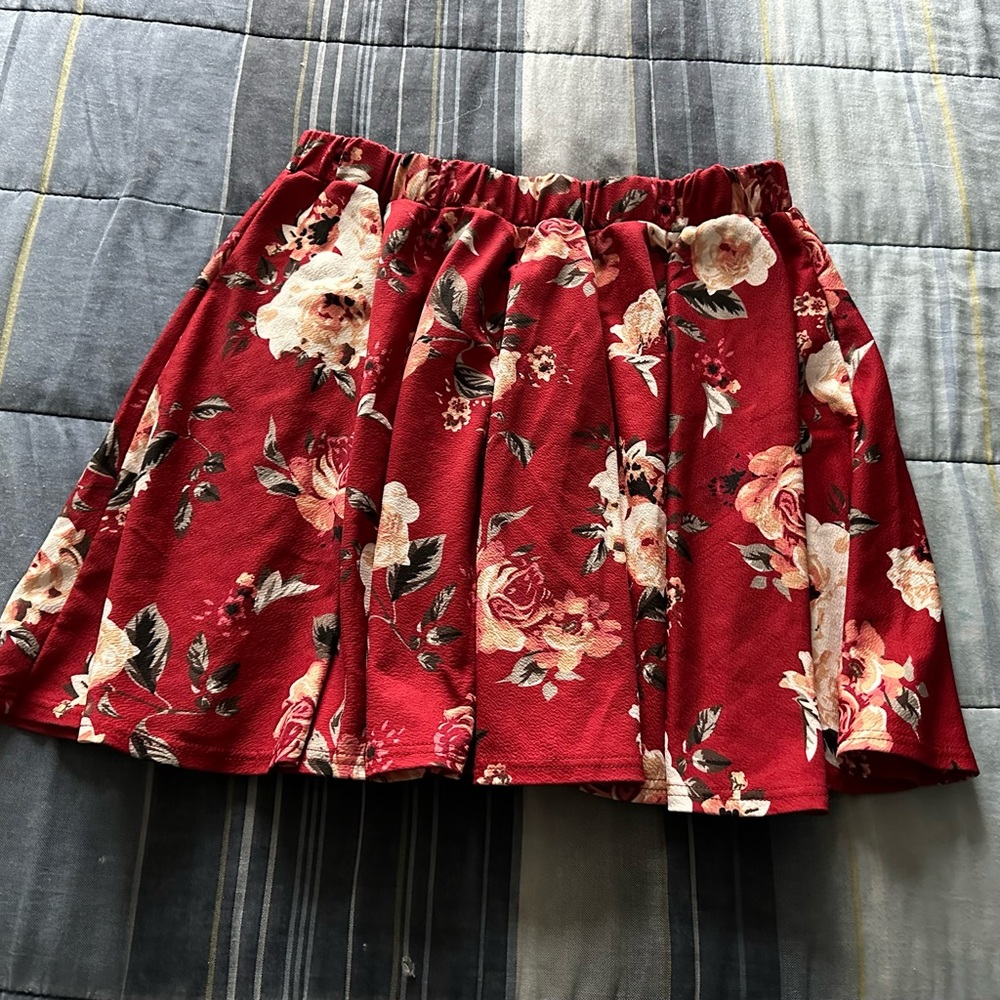 Romwe Plus Stretchy Elastic Waist Flared Casual Mini Skater Red Floral Skirt 4X